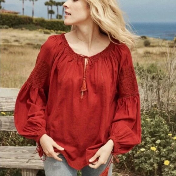 💕DOEN💕 Source Embroidered Gauze Top ~ Rust Burnt Orange XS *MissingTassle* - Picture 2 of 14